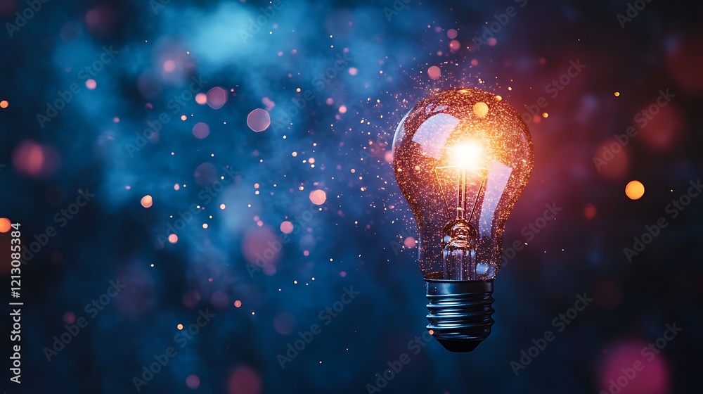 Light bulb shining with luminous particles in a tranquil dark ambiance Light bulb shining with luminous particles in a tranquil dark ambiance