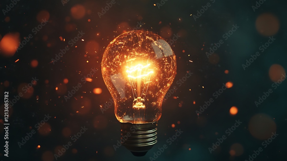 Bright glowing bulb releasing radiant particles in a quiet atmospheric background Bright glowing bulb releasing radiant particles in a quiet atmospheric background