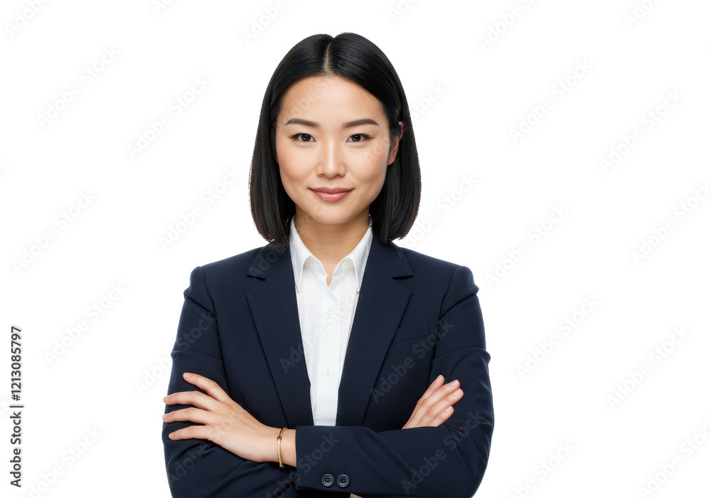 A confident woman in a dark blue blazer, arms crossed, smiling subtly isolated on transparent background A confident woman in a dark blue blazer, arms crossed, smiling subtly isolated on transparent background