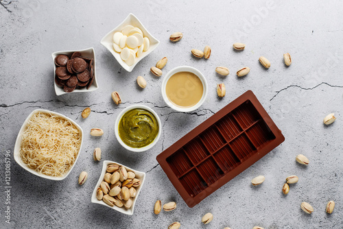 Dubai chocolate bar with pistachio paste and kadaif dough