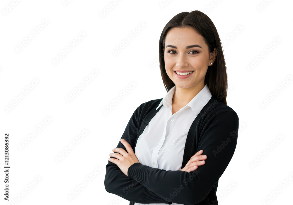 A woman in professional attire, wearing a white shirt and black cardigan, standing with arms crossed, smiling warmly isolated on transparent background A woman in professional attire, wearing a white shirt and black cardigan, standing with arms crossed, smiling warmly isolated on transparent background