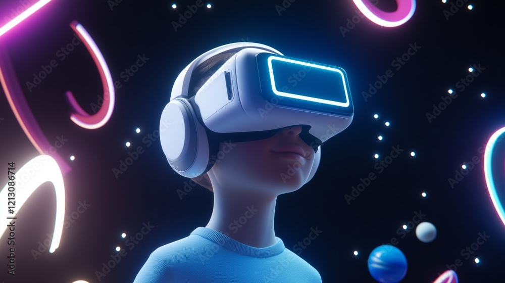 A child with a VR headset immersed in a glowing space scene with planets and swirling neon lights A child with a VR headset immersed in a glowing space scene with planets and swirling neon lights