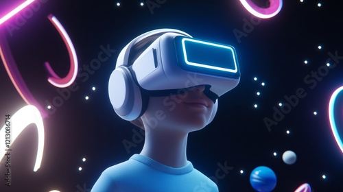 A child with a VR headset immersed in a glowing space scene with planets and swirling neon lights