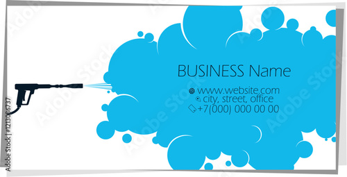 Wash gun and blue water bubbles power wash, business card concept