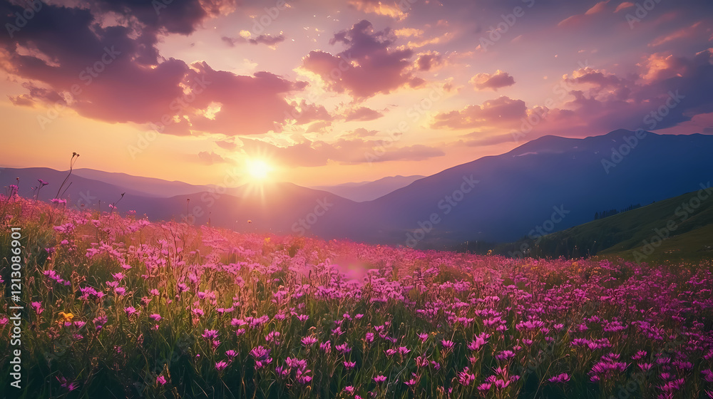 Obraz premium Captivating sunset over wildflower valley serene landscape nature scene tranquil environment scenic viewpoint picturesque summer ambience. Serene Valley. Illustration
