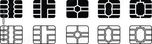 Sim EMV chip icon in flat line Set vector for apps or website terminals Square computer microchips cards Contactless payment at terminals and ATM credit debit cards isolated on transparent background
