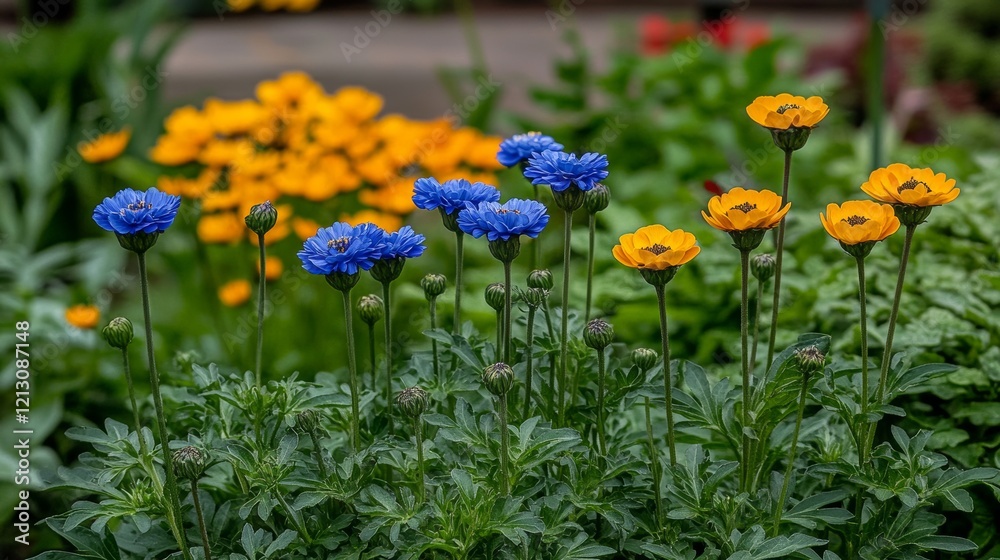 A macro closeup captures sunlit flowers in a meadow field, with a spring or summer garden as the background in the morning A macro closeup captures sunlit flowers in a meadow field, with a spring or summer garden as the background in the morning