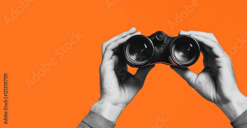 Collage minimaliste de deux mains tenant des jumelles sur un fond orange symbolisant la vision ou l'avenir, image avec espace pour texte.