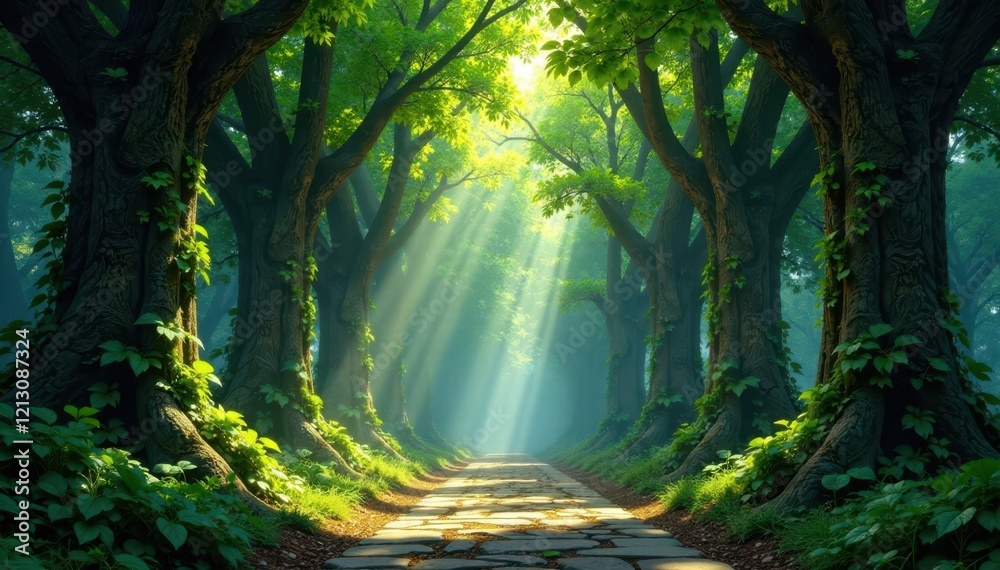 Fototapeta premium Vines entwined stone pillars forest canopy above filtered light, stone textures, forest canopy