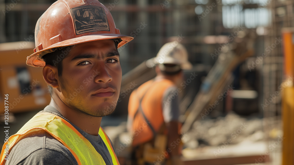 Fototapeta premium Hispanic construction worker with safety vest and hardhat on a construction site, face visible, other workers in background, heavy equipment in background. Safety at work, latin construction engineer.