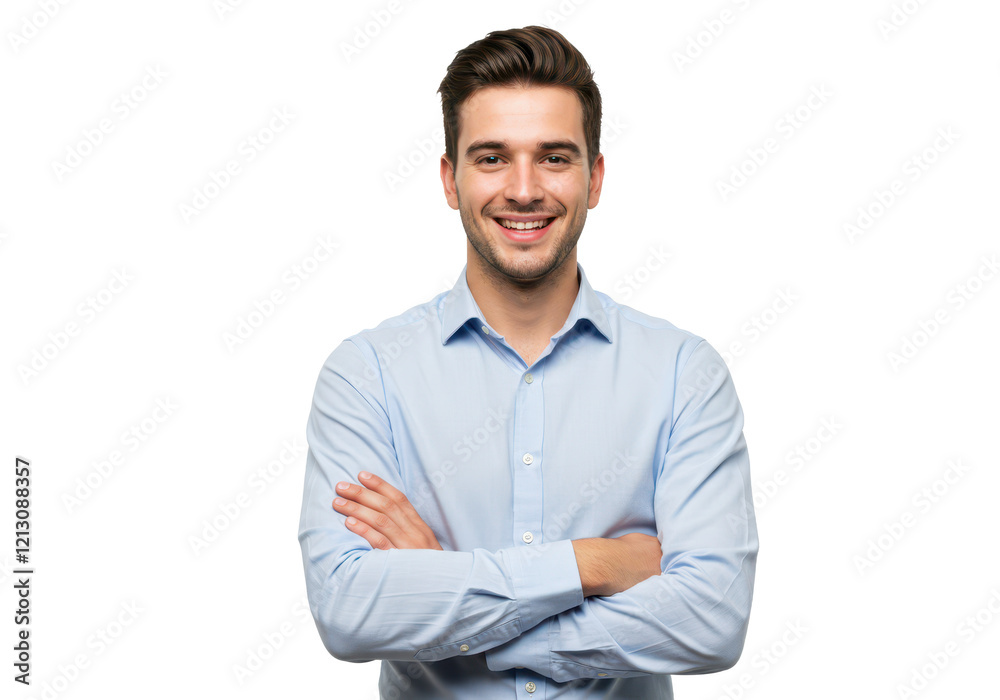 A professional young man with neatly styled hair, wearing a light blue shirt, standing with arms crossed and smiling warmly isolated on transparent background A professional young man with neatly styled hair, wearing a light blue shirt, standing with arms crossed and smiling warmly isolated on transparent background