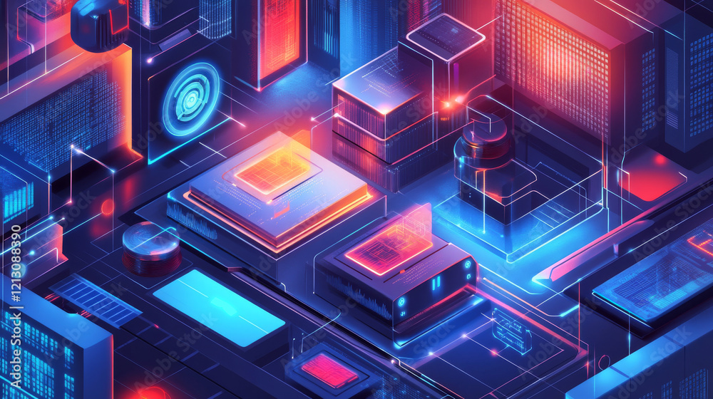 A futuristic representation of technological workflows, highlighting storage systems, neural links, and progressive AI processes. A futuristic representation of technological workflows, highlighting storage systems, neural links, and progressive AI processes.