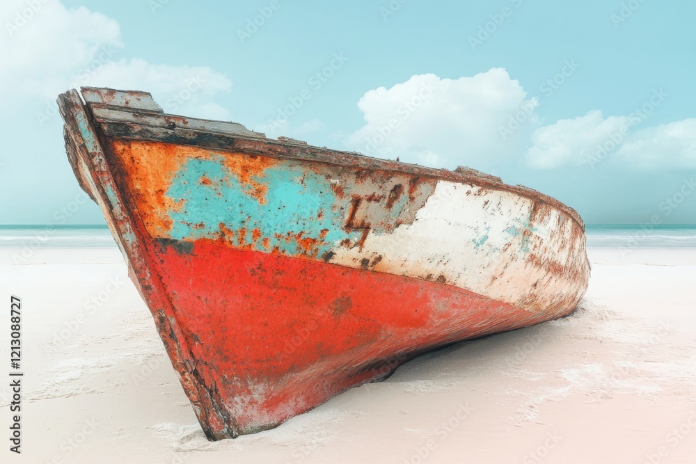 A weathered, multicolored wooden boat rests on a pristine sandy beach under a partly cloudy sky.