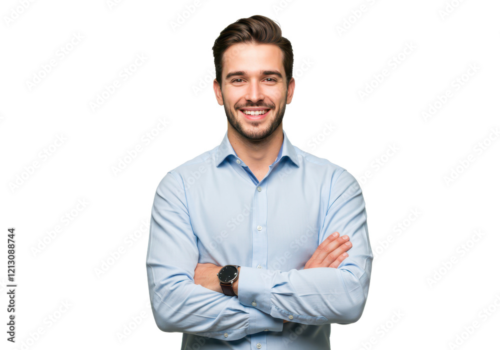 A professional young man with neatly styled hair, wearing a light blue shirt, standing with arms crossed and smiling warmly isolated on transparent background A professional young man with neatly styled hair, wearing a light blue shirt, standing with arms crossed and smiling warmly isolated on transparent background