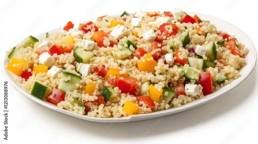 A platter of colorful quinoa salad with fluffy quinoa, diced bell peppers, cucumbers A platter of colorful quinoa salad with fluffy quinoa, diced bell peppers, cucumbers