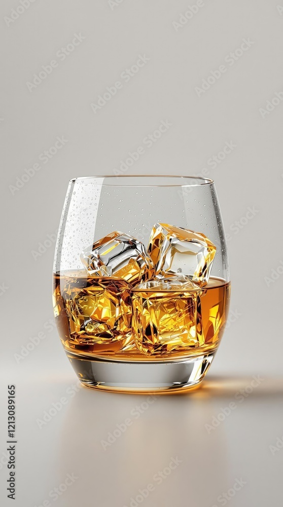 Aged whiskey with ice cubes in a chilled glass, strong spirit, whiskey lovers, straight drink Aged whiskey with ice cubes in a chilled glass, strong spirit, whiskey lovers, straight drink