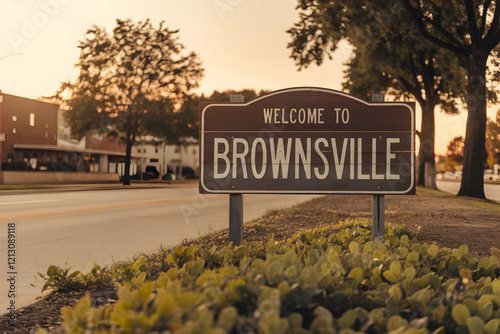 Wooden Welcome to Brownsville Sign with Rustic Charm in Texas, USA - Vintage Style City Entrance Marker in Natural Brown Tones