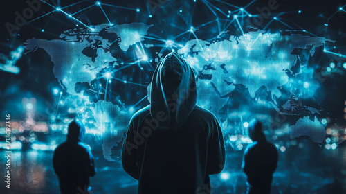 Hacker are planning to hack and attack networks and cyber security systems.team people innovation connection of line from nail node to node on map background , networking concept