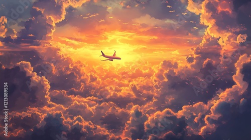 Tranquil sunset scene with an airplane amidst glowing evening clouds