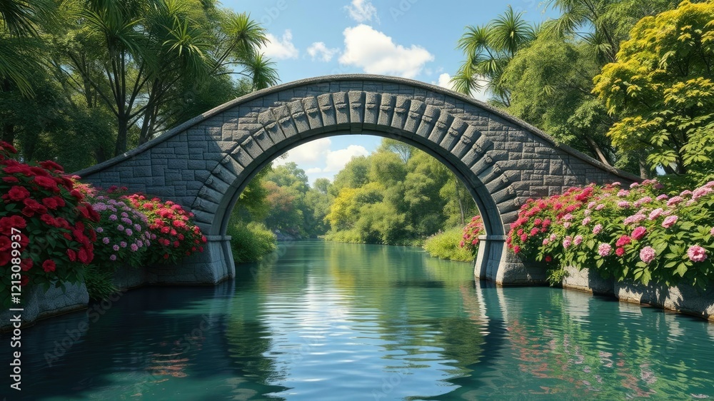 An arched bridge with lush greenery and vibrant flowers on both sides of the river, botanical beauty, flowering riverbank An arched bridge with lush greenery and vibrant flowers on both sides of the river, botanical beauty, flowering riverbank