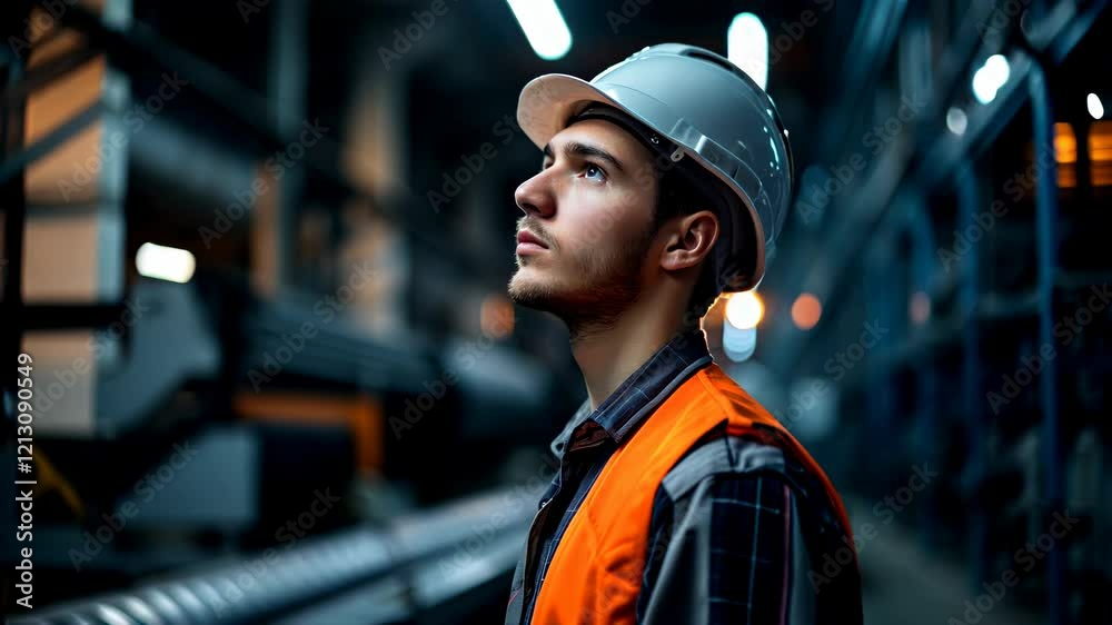 A mode A engineer is focused on the machinery above him while wearing a safety helmet and reflective vest in an industrial setting. The ambient lighting creates a dramatic atmosphere.