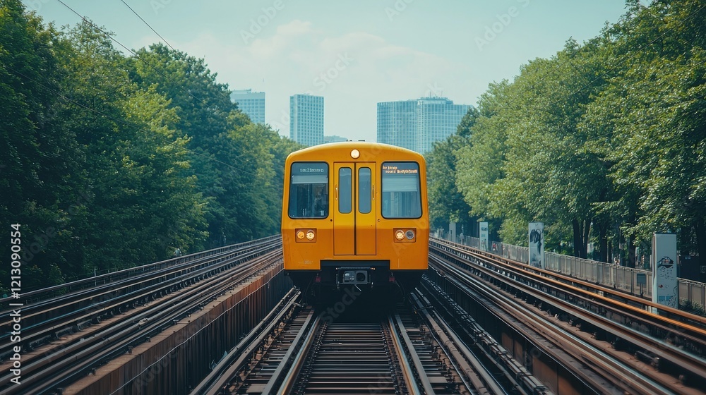 Fototapeta premium Yellow Subway Train Approaching City Skyline