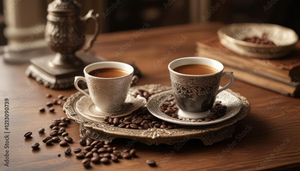 Fototapeta premium A stack of freshly ground coffee beans on an ornate antique table with a delicate espresso coffee cup placed in the center, coffee bean, distressed finish, ceramic
