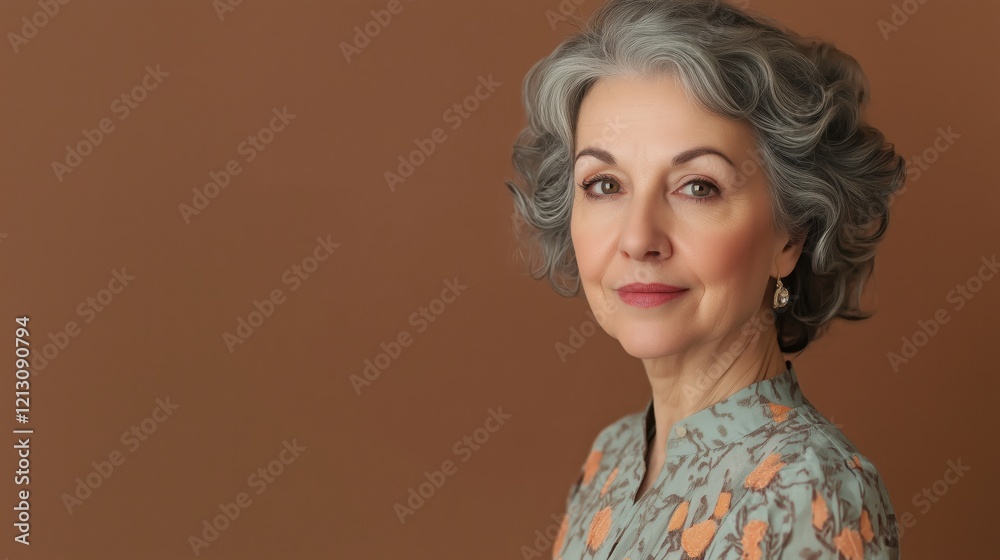 Studio portrait of a beautiful mature woman smiling confidently with her hands in her pockets, wearing a stylish gray dress and necklace, against a plain gray background Studio portrait of a beautiful mature woman smiling confidently with her hands in her pockets, wearing a stylish gray dress and necklace, against a plain gray background
