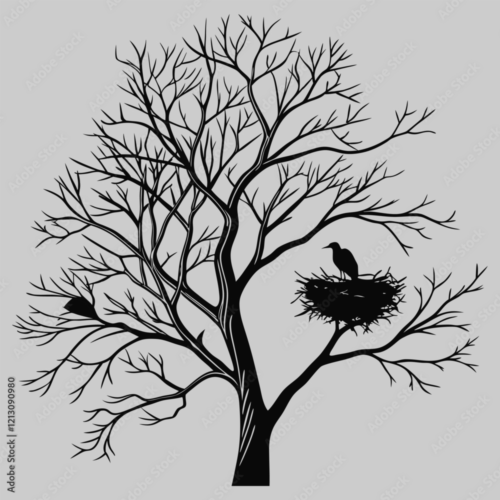 a bird nest on a tree silhouette vector design art and illustration