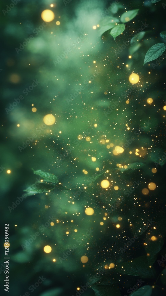Naklejka premium Golden Firefly Glow Amid Green Leaves