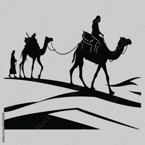 a camel caravan in the desert silhouette vector design art and illustration