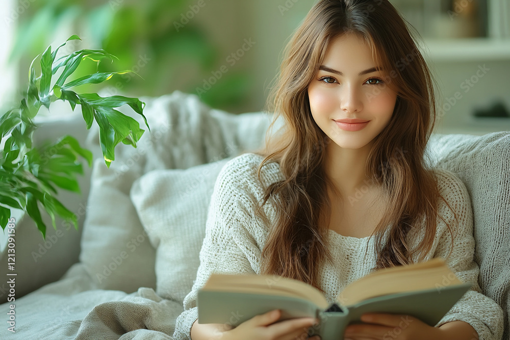 Enjoying a Quiet Afternoon Reading a Book in a Cozy Living Room Surrounded by Soft Pillows and Vibrant Plants Enjoying a Quiet Afternoon Reading a Book in a Cozy Living Room Surrounded by Soft Pillows and Vibrant Plants