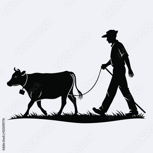 a farmer leading a cow silhouette vector design art and illustration