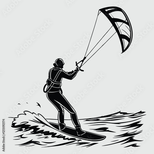 a kite surfer catching the wind silhouette vector design art and illustration