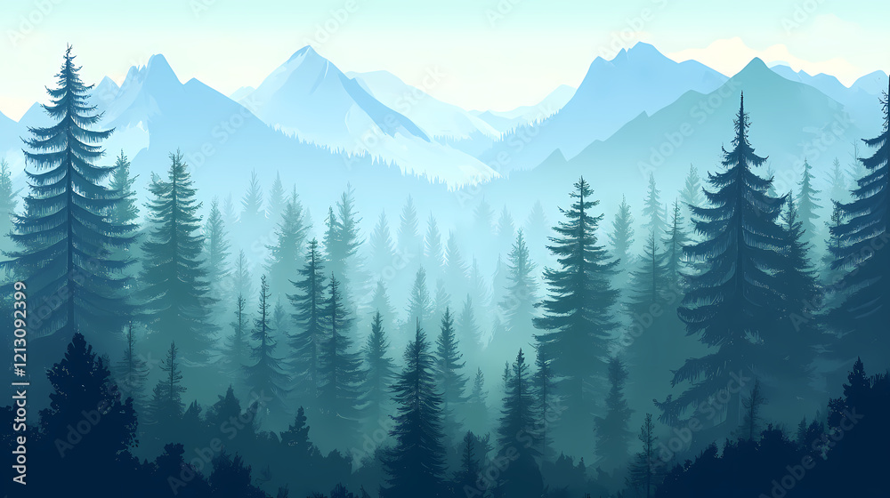 Fototapeta premium A dense forest shrouded in mist, with tall evergreen trees and a mountain range in the distance. Serene Valley. Illustration