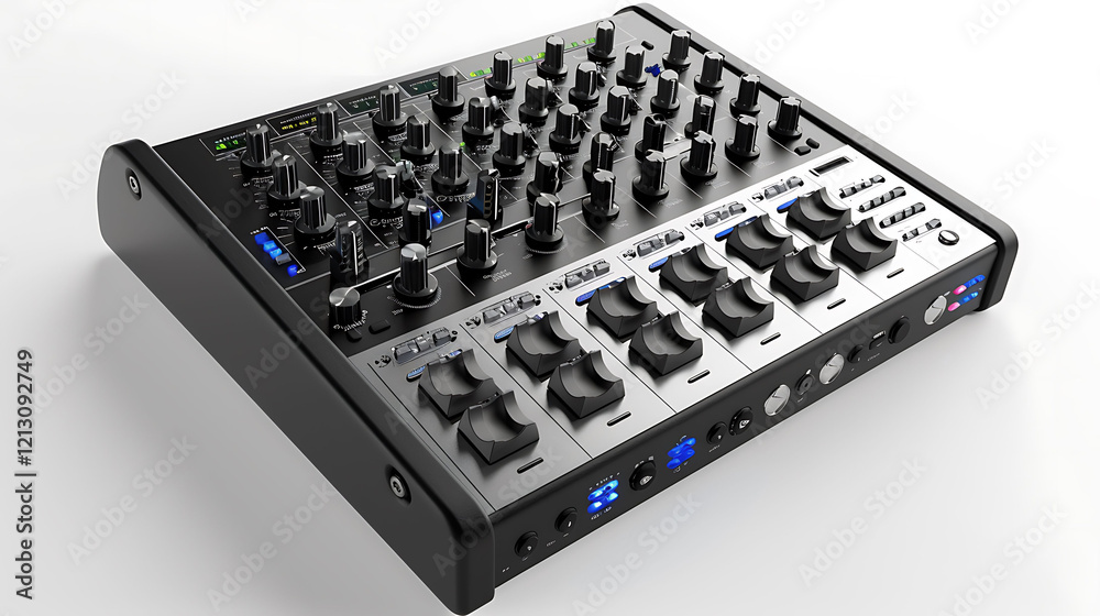A professional audio mixer with a range of knobs and sliders on a white background A professional audio mixer with a range of knobs and sliders on a white background