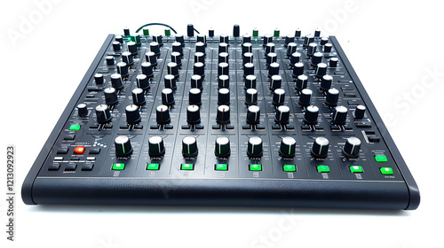 A professional audio mixer with a range of knobs and sliders on a white background
