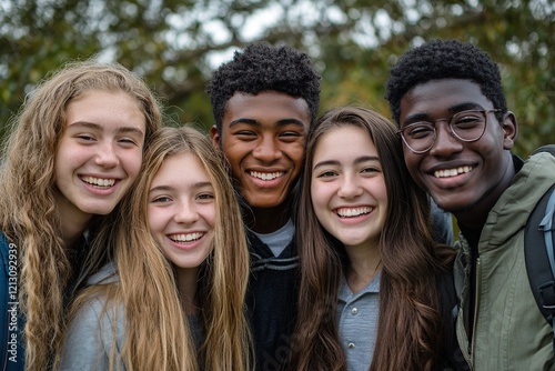 Portrait of multicultural college students near university building