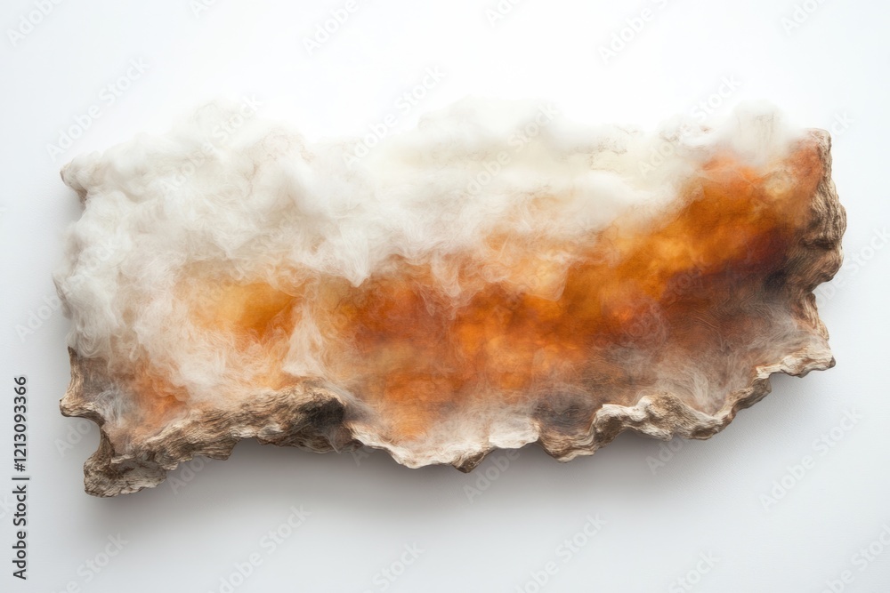 Abstract art piece featuring a textured wood base with white and orange resin, resembling a landscape. Abstract art piece featuring a textured wood base with white and orange resin, resembling a landscape.