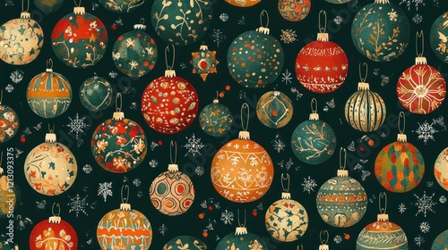 Festive Christmas Ornament Pattern, Dark Background, Holiday Design, Fabric Print