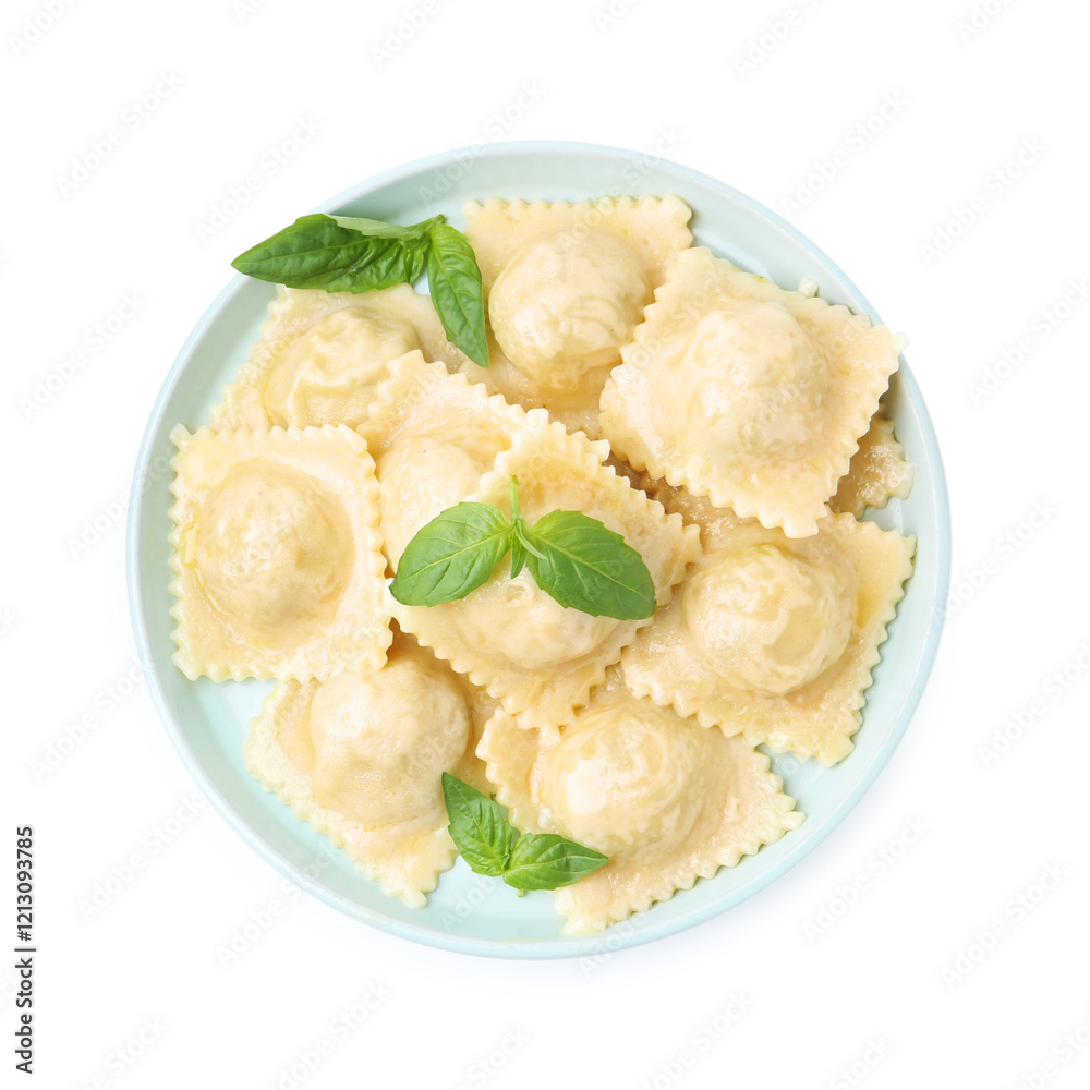 Delicious ravioli with cheese and basil isolated on white, top view Delicious ravioli with cheese and basil isolated on white, top view