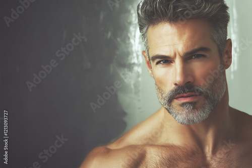Fabulous at any age. Portrait of charismatic muscular 50 years old man standing over gray background. Perfect haircut and body. Close-up. Text space. Banner. Indoor shot
