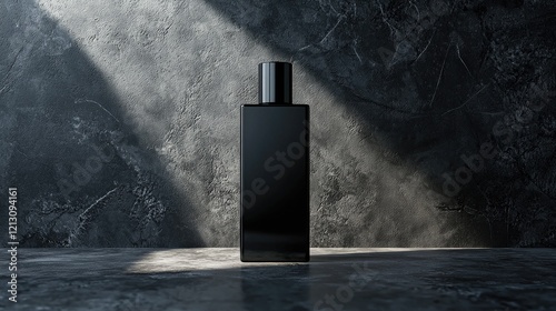 Black perfume bottle, studio shot, dark background, spotlight, product advertising