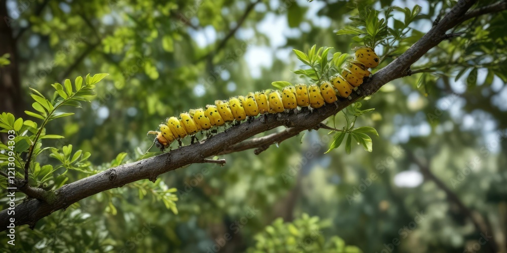 A tree branch in a garden with box tree caterpillar cydalima perspectalis crawling on it, garden, tree branch A tree branch in a garden with box tree caterpillar cydalima perspectalis crawling on it, garden, tree branch