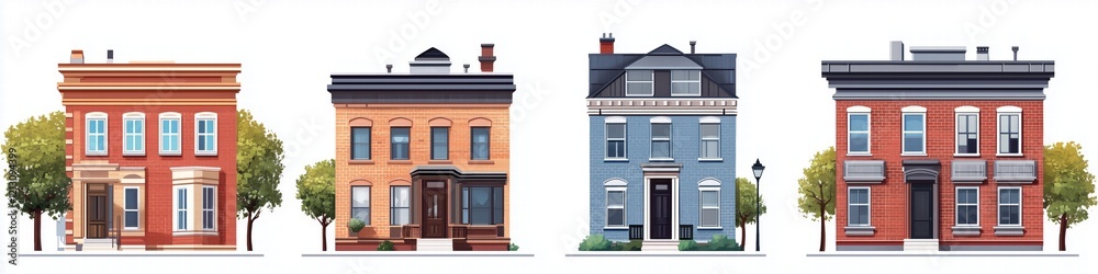 Fototapeta premium A collection of four distinct Rowhouse style houses, each showcasing unique architectural styles and colors. The first house is red with white trim, the second is orange with a black door.
