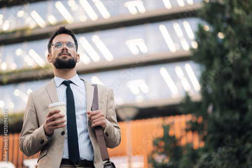 Confident businessman holding coffee walking outside office building