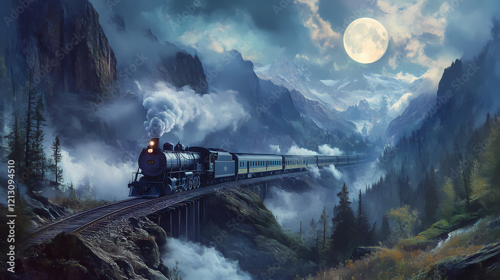 Fototapeta premium train travels misty mountain