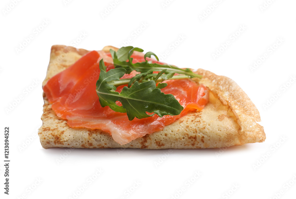 Delicious crepe with salmon and arugula isolated on white Delicious crepe with salmon and arugula isolated on white