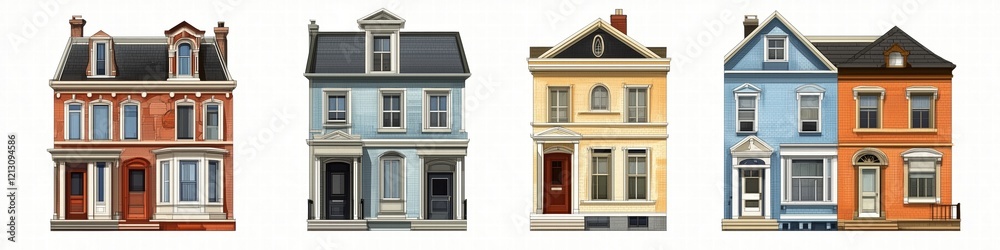 A collection of four distinct Rowhouse style houses showcasing different architectural styles and colors. The first house is red brick, the second is light blue, the third is yellow with white trim. A collection of four distinct Rowhouse style houses showcasing different architectural styles and colors. The first house is red brick, the second is light blue, the third is yellow with white trim.