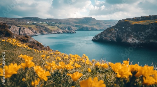 St David's Day daffodil and welsh flag display - national symbols of Wales. Cefnogi Cymru Support Wales. Dydd Gwyl Dewi St David's Day photo